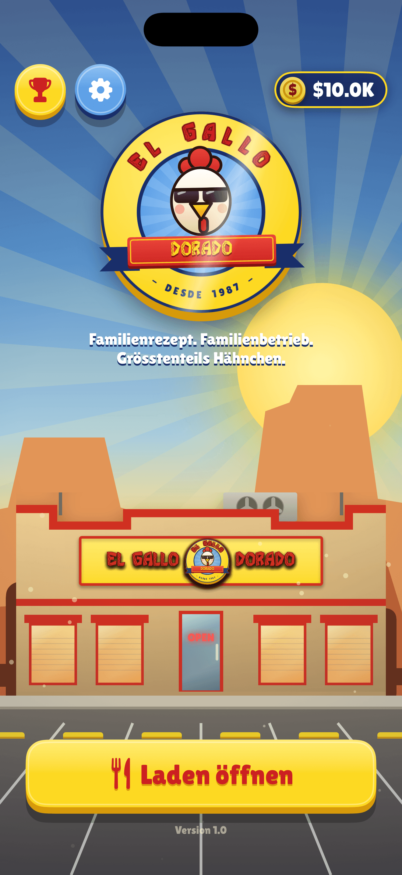 El Gallo Dorado: Startbildschirm mit Logo und Hähnchenrestaurant in der Wüste