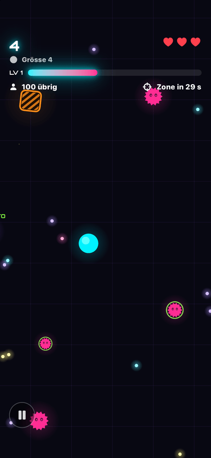 Neon Blob: Spielszene mit leuchtenden Blobs, grüne Ringe markieren Beute, rote Ringe Gefahr