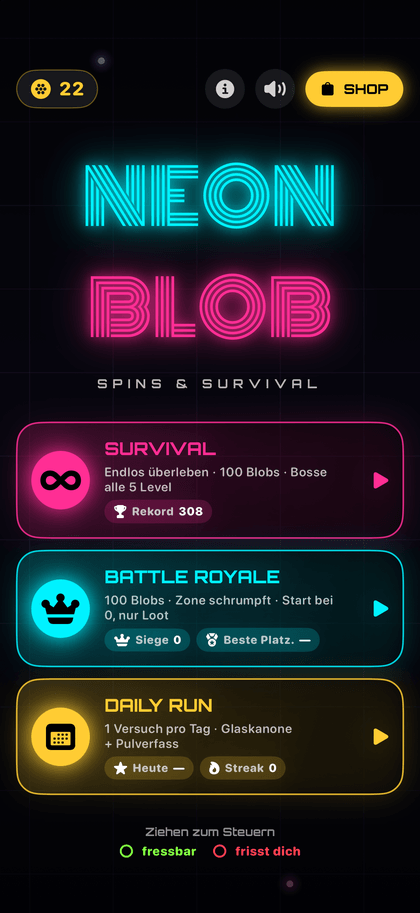 Neon Blob: Hauptmenü mit der Wahl zwischen Survival, Battle Royale und Daily Run
