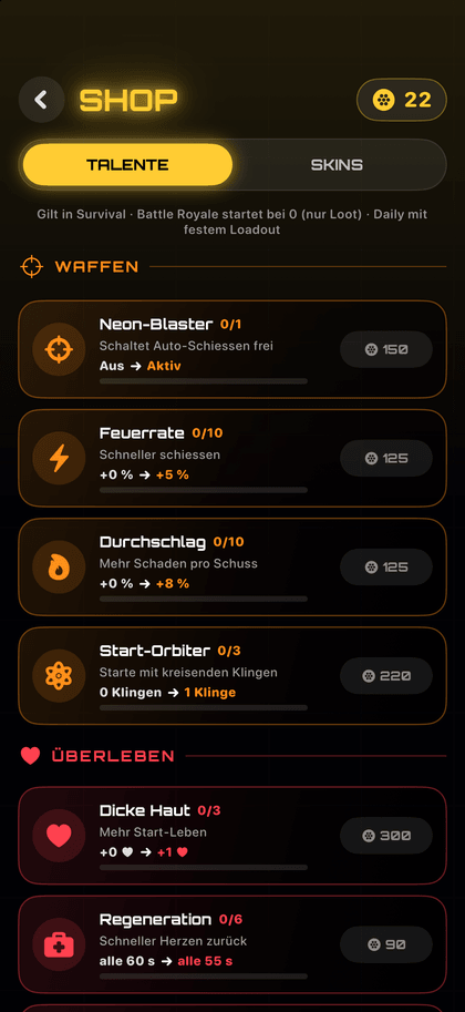 Neon Blob: Shop mit Talenten und Skins, bezahlt mit erspielten Münzen